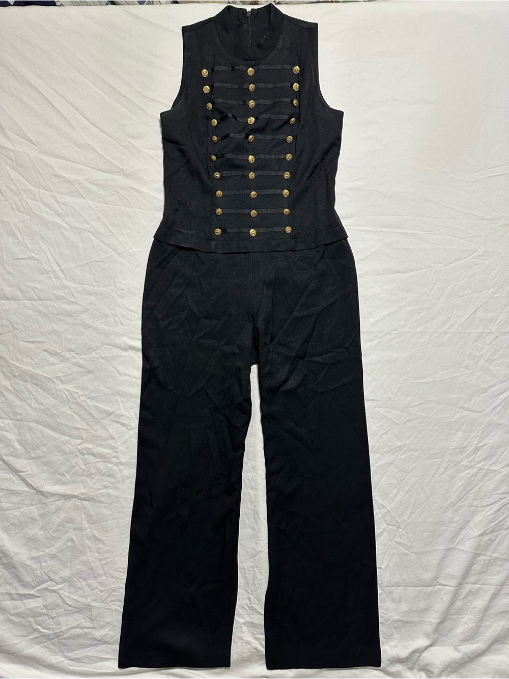Lew Magram Vintage Black Sleeveless Military-Inspired Jumpsuit with Gold Buttons